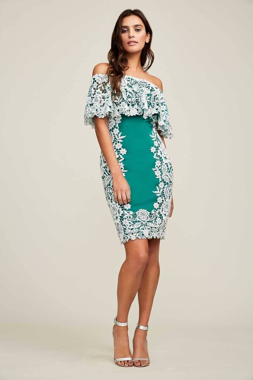 Tadashi Shoji Off Shoulder Ivy Green Lace Cowl Ruffle Detail Bodycon Dress Sz. 1